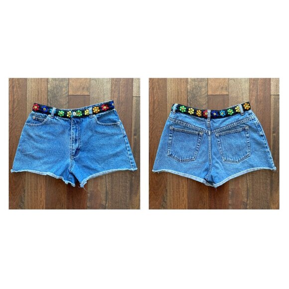 90s vintage rainbow groovy flower retro blue denim high waist mini jean shorts - Picture 7 of 9